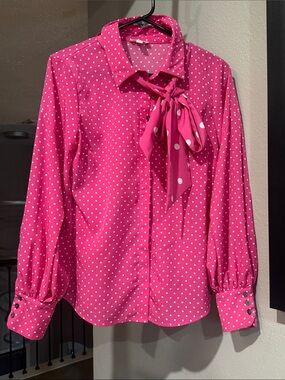 Riley & Rae Hot Pink Polka Dot Tie-Neck Blouse